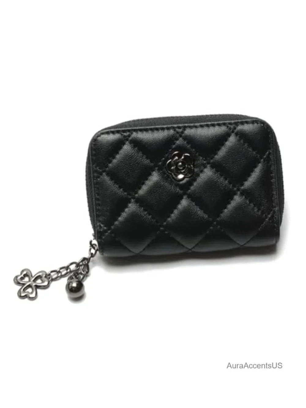 Quilted Leather Zipper Wallet with Detachable Chain Strap